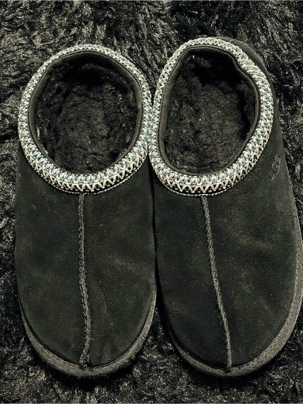 UGG Black Suede Cozy Slip-On Slippers with Braided Trim